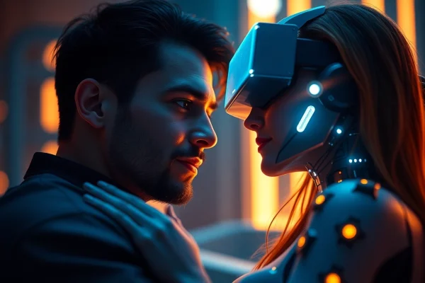Intimate ai sex encounter between a human and a futuristic AI partner in a cozy setting.