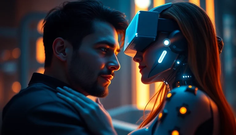 Intimate ai sex encounter between a human and a futuristic AI partner in a cozy setting.