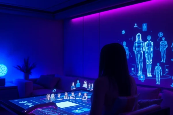 AI sex technology interface showcasing interactive avatars in a futuristic setting.