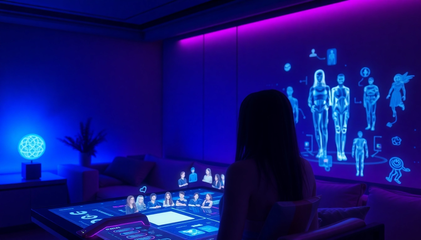 AI sex technology interface showcasing interactive avatars in a futuristic setting.