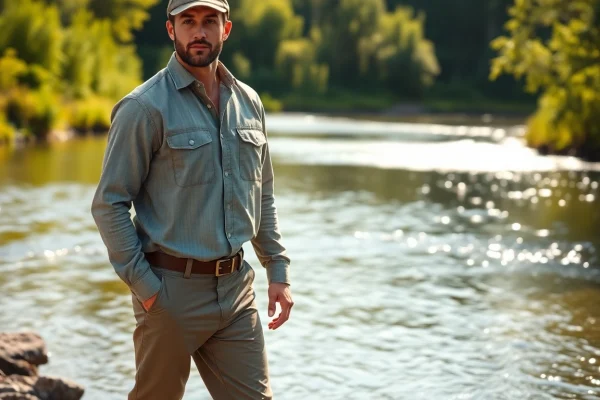 Showcasing fly fishing apparel in a tranquil river setting with a focus on comfort and style.