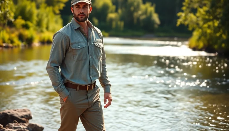 Showcasing fly fishing apparel in a tranquil river setting with a focus on comfort and style.