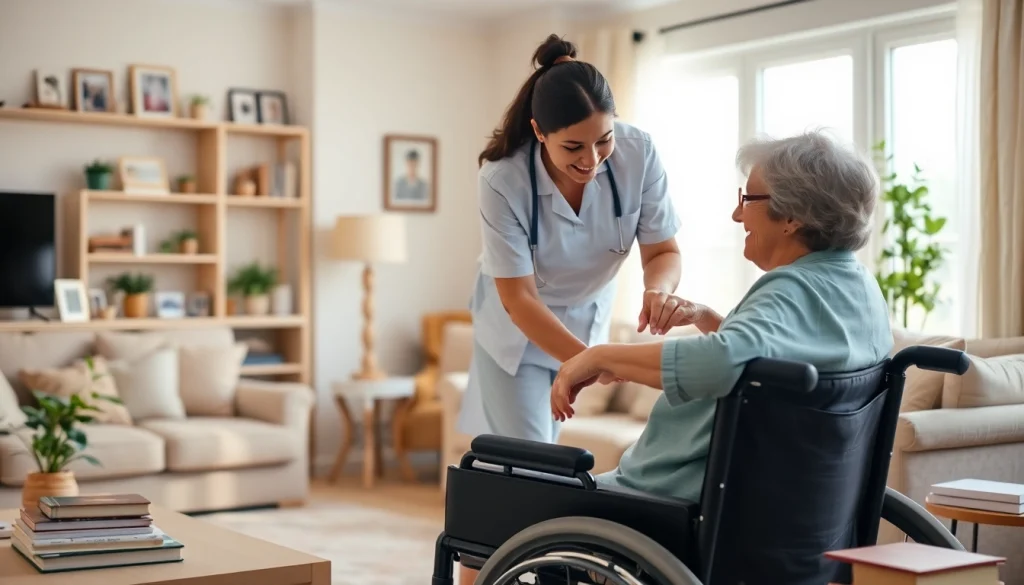 Engaged caregiver providing austin senior home care to a wheelchair-bound elder in a cozy living room setting.