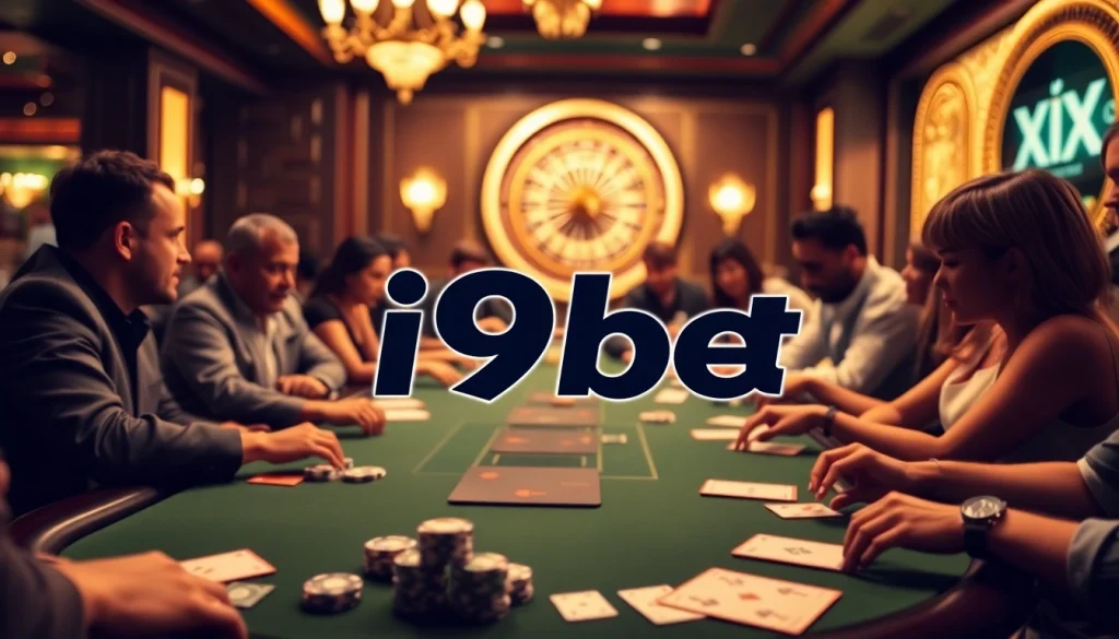 i9bet players engage at a poker table, showcasing chips and cards in an inviting casino atmosphere.