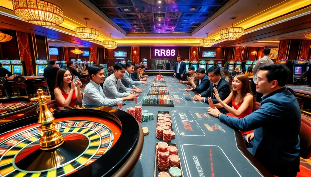 RR88 players enjoying an exciting casino experience with roulette and slot machines.