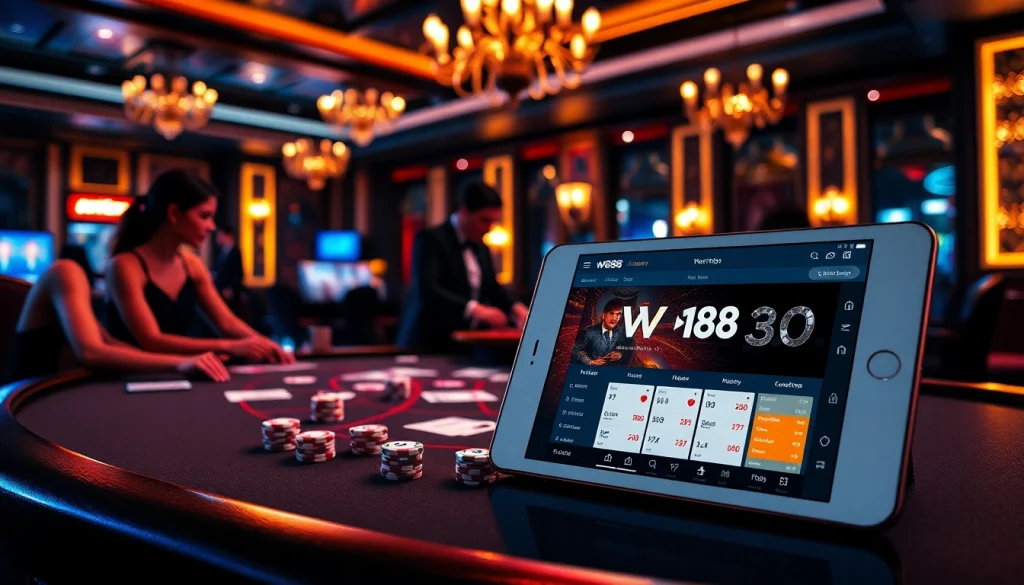 Experience the thrill of W88 mobile betting with high-stakes poker at an elegant casino table.