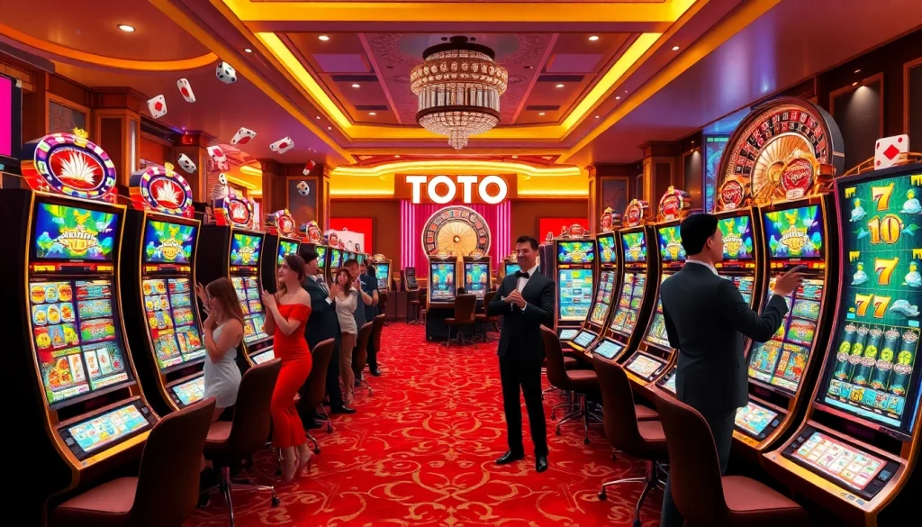 Players enjoying the thrilling toto slot experience in a luxurious casino atmosphere with vibrant machines.