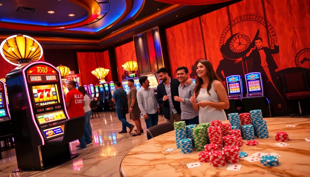 Adegan penuh aksi dengan para penjudi yang menikmati mesin Toto Slot di tengah kilau kasino.