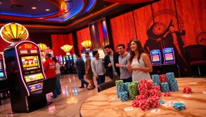 Adegan penuh aksi dengan para penjudi yang menikmati mesin Toto Slot di tengah kilau kasino.