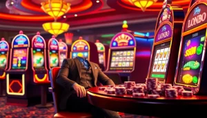 Player enjoying a slot bet 100 at a luxurious casino with vibrant lights.
