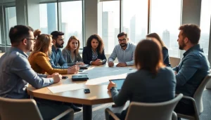 Illustration of Acquisition Planning meeting showcasing diverse professionals collaborating in a bright office.