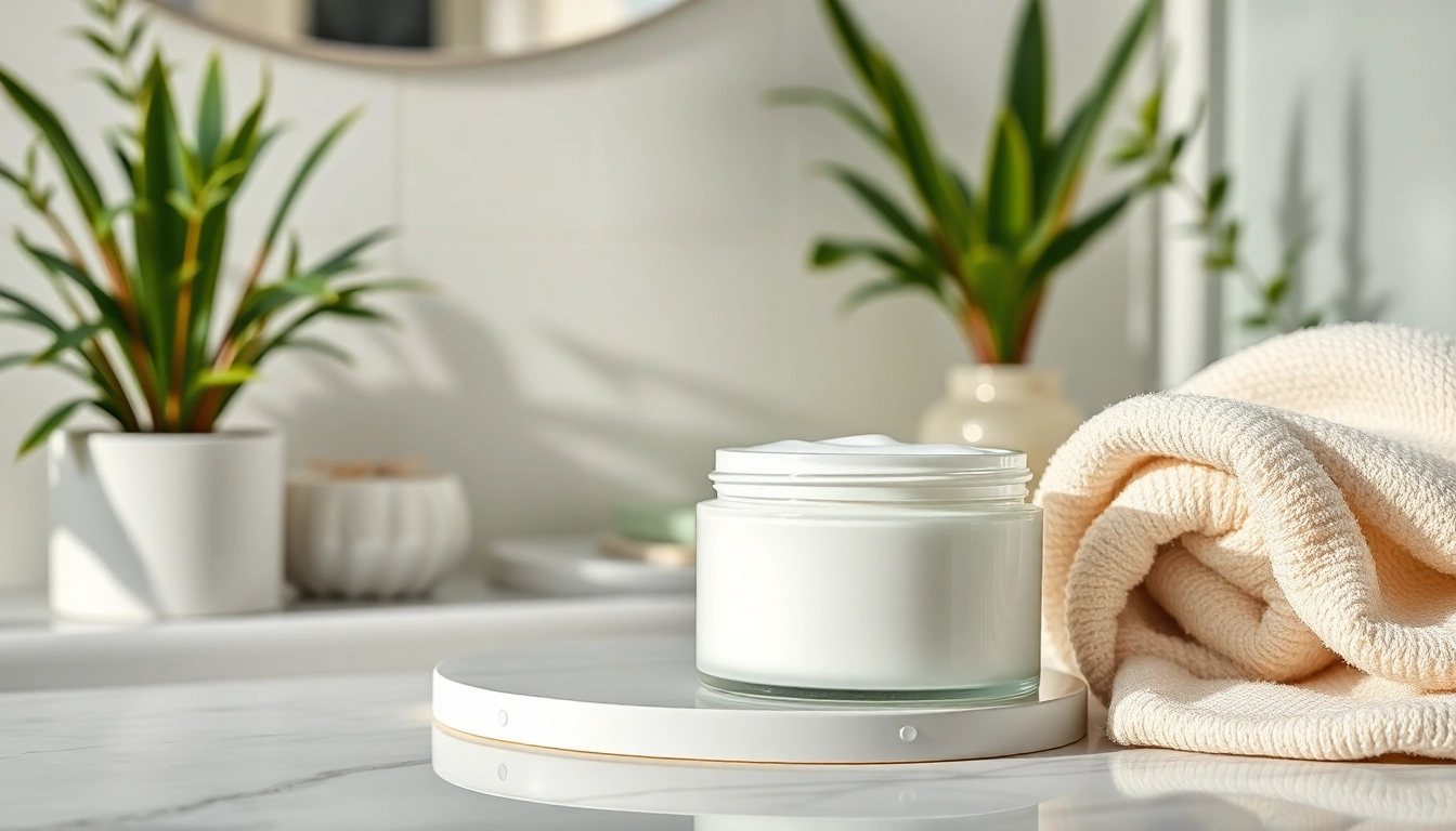 Hudkräm för torr hud visas i en elegant badrumsmiljö och visar dess återfuktande egenskaper.