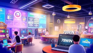 Exciting scene of players enjoying online games with เจ้ามือรับแทง 78WIN in a modern digital casino atmosphere.