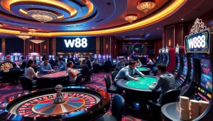 Niềm phấn khích cá cược tại casino W88 với người chơi ở bàn cược và những máy đánh bạc đầy màu sắc.