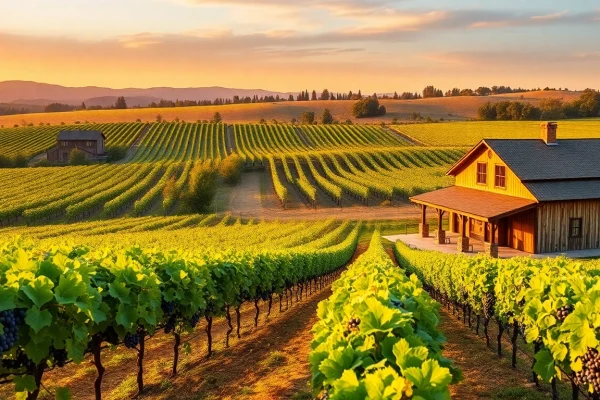 Grapevines and winery showcasing wineries in Clarksburg during a beautiful sunset.