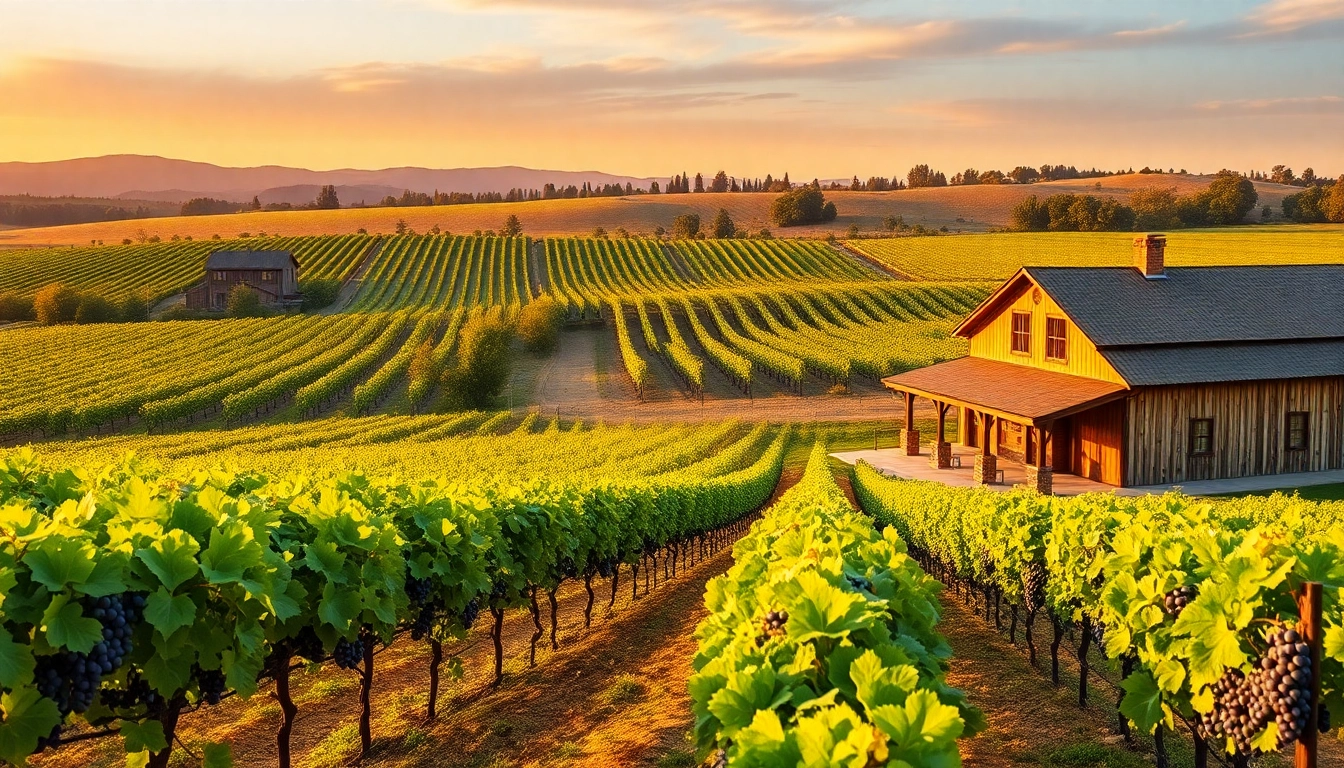 Grapevines and winery showcasing wineries in Clarksburg during a beautiful sunset.