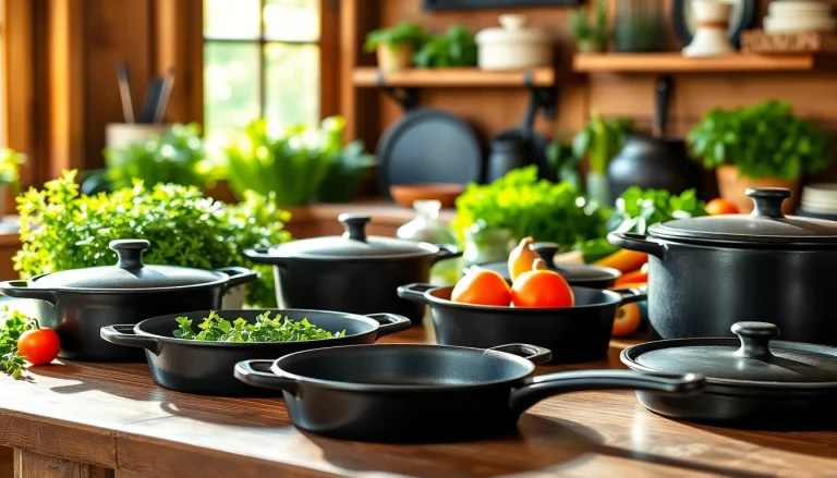 Discover high-quality cast iron cookware NZ, featuring skillets and Dutch ovens beautifully arranged.