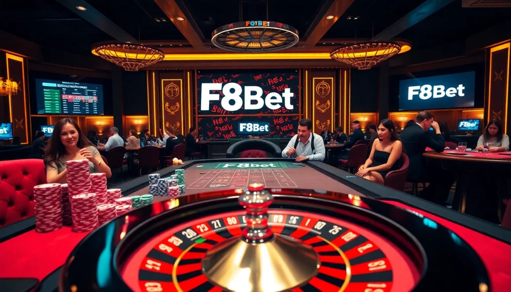 Exciting casino scene featuring f8bet poker chips and a roulette wheel, radiating luxury and thrill.