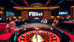 Exciting casino scene featuring f8bet poker chips and a roulette wheel, radiating luxury and thrill.