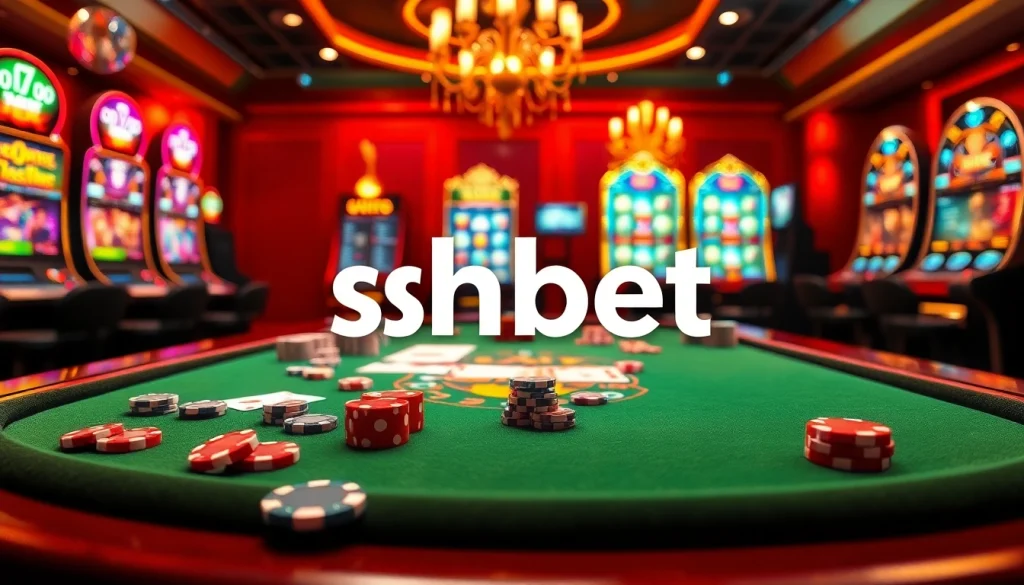 Experience the thrill of shbet with vibrant casino gameplay showcasing poker chips and slot machines.
