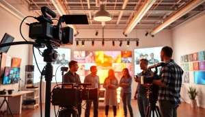 Creative Video Production Agency team collaborating on a project in a modern studio.