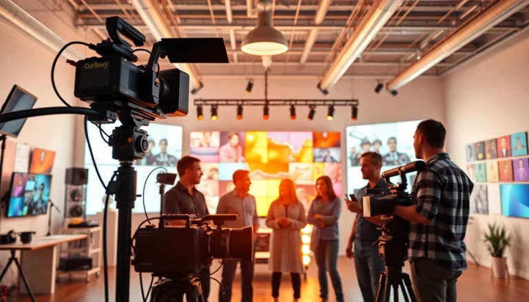 Creative Video Production Agency team collaborating on a project in a modern studio.