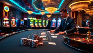 Experience the thrill of gambling at a high-end casino table from https://kjc.onl/, showcasing vibrant poker chips and cards.