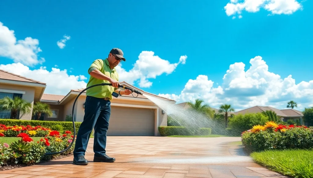 Pressure wash service revitalizing a driveway in Kissimmee, Florida.
