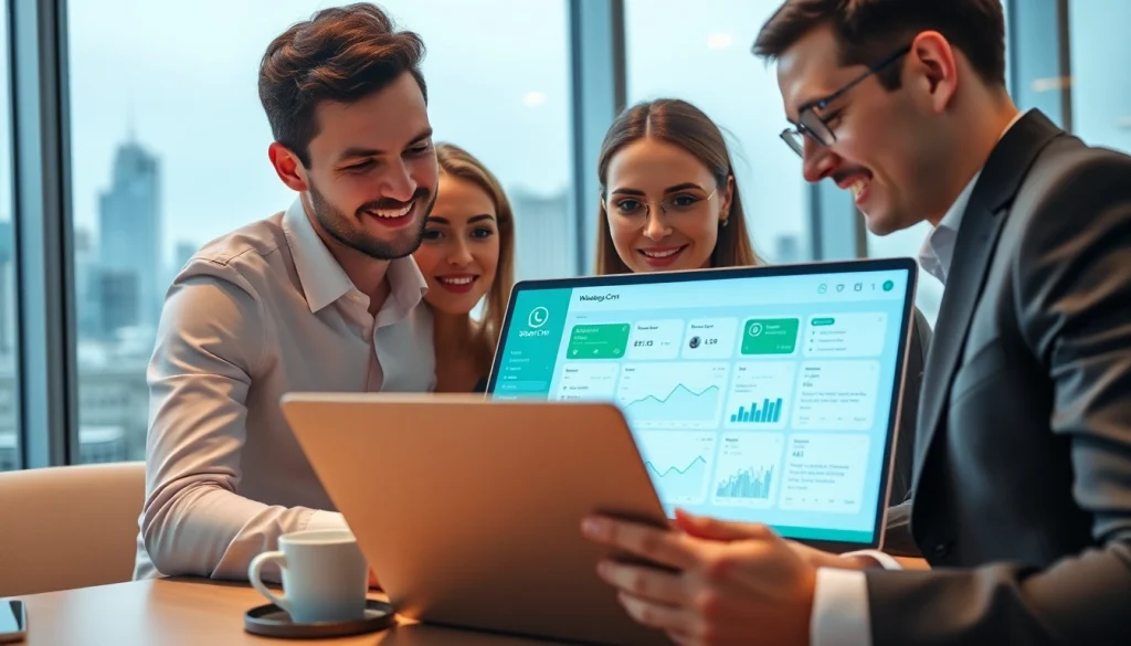 Analyze customer interactions with a WhatsApp Smart CRM dashboard in a modern office.