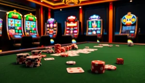 Exciting gaming scene with Fun88 branding, cards, dice, and vibrant casino atmosphere.