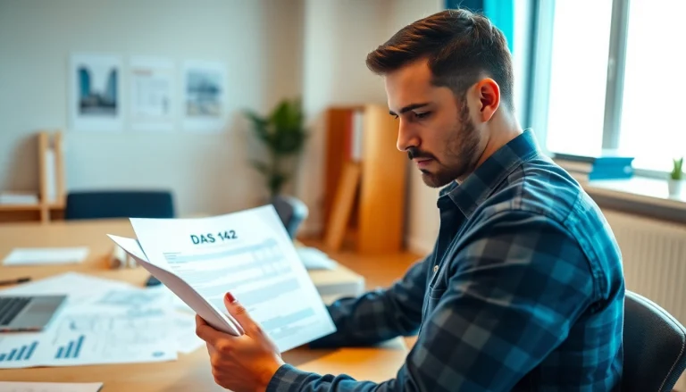 DAS 142 form being reviewed by a contractor in a professional office setting.