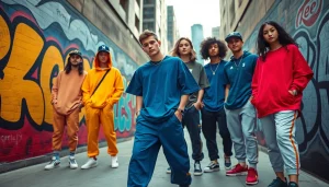 Premium streetwear label outfits showcased in an urban setting with vibrant colors and unique accessories.