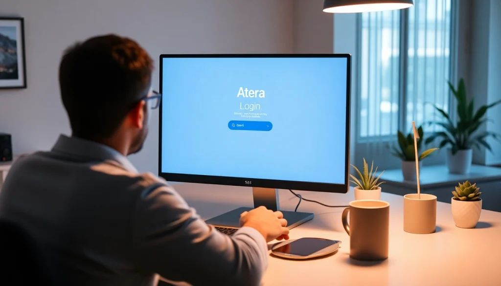 Atera login interface displayed as a user enters credentials on a sleek desktop.