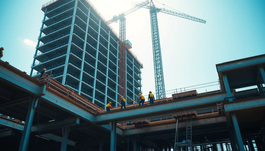 Workers engaged in structural steel construction at a high-rise site, showcasing assembly techniques and collaboration.