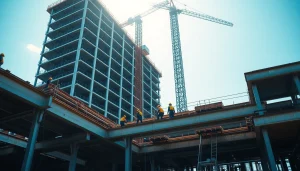 Workers engaged in structural steel construction at a high-rise site, showcasing assembly techniques and collaboration.