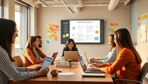 Professional collaboration at a công ty thiết kế website, showcasing a modern office environment with a diverse team.