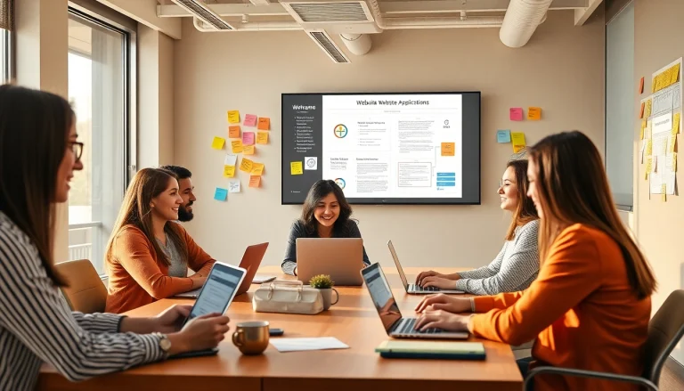 Professional collaboration at a công ty thiết kế website, showcasing a modern office environment with a diverse team.