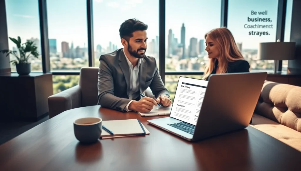 Engaged business coach los Angeles guiding a client in a modern office setting.