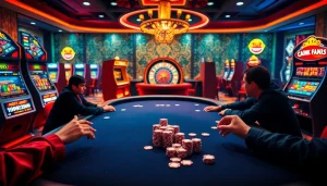 Người chơi hứng khởi tham gia một ván poker đầy kịch tính tại casino Tik 88, được bao quanh bởi những chiếc máy đánh bạc đầy màu sắc.