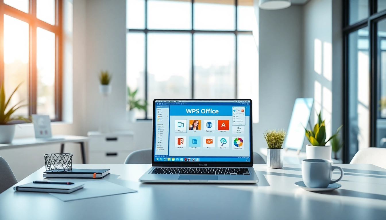 WPS下载 showcased in a modern office workspace with a laptop and a productive atmosphere.
