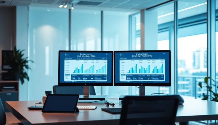 Email verification statistics displayed on dual monitors in a modern office, highlighting data accuracy and reliability.