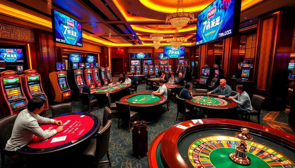 Thrilling gambling scene showcasing 7m.cn live scores alongside poker tables and slot machines.