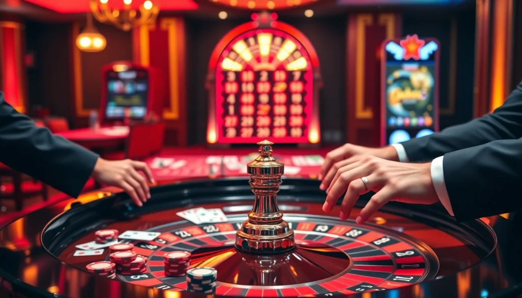 Situs Slot Terpercaya experience with an elegant roulette table and vibrant poker chips.