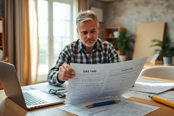 Contractor completing the DAS 140 form in a bright office setting with documents surrounding him.