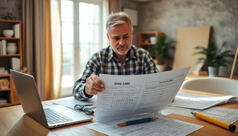 Contractor completing the DAS 140 form in a bright office setting with documents surrounding him.