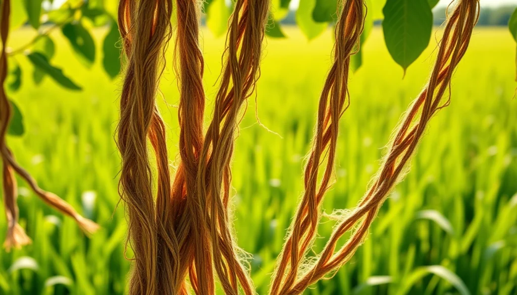 Jute vezels in de natuur, benadrukt de ruwe textuur en duurzaamheid van jute.