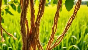 Jute vezels in de natuur, benadrukt de ruwe textuur en duurzaamheid van jute.