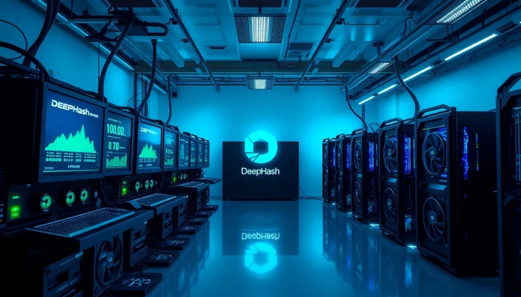 Free crypto mining scene showcasing a high-tech mining farm with GPUs and digital displays.