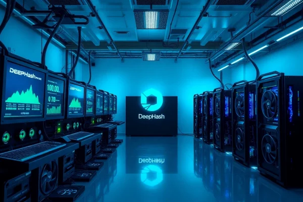 Free crypto mining scene showcasing a high-tech mining farm with GPUs and digital displays.