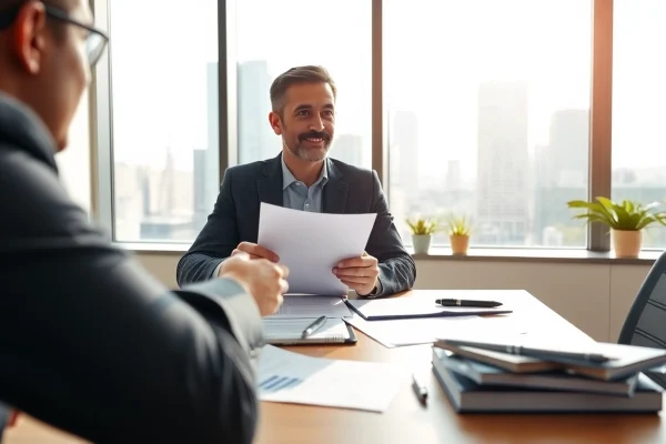 Engaging intellectual property lawyer advising a client in a modern office environment.
